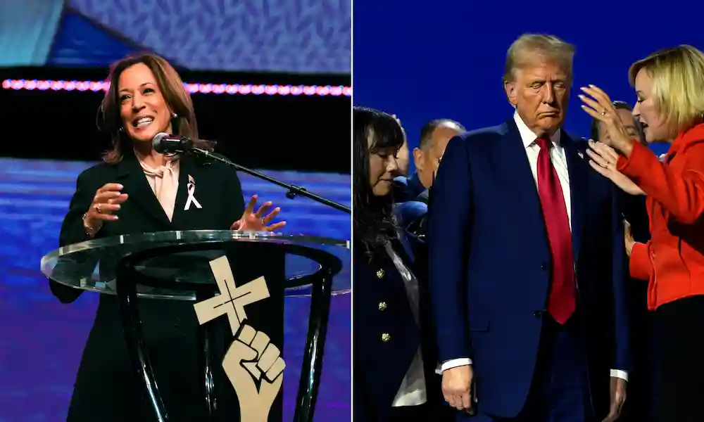 evangélicos oran por donald trump y kamala harris habla en una iglesia bautista evangélica