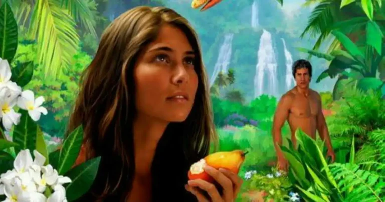 Ilustración de Eva con una manzana mordida mirando a la serpiente