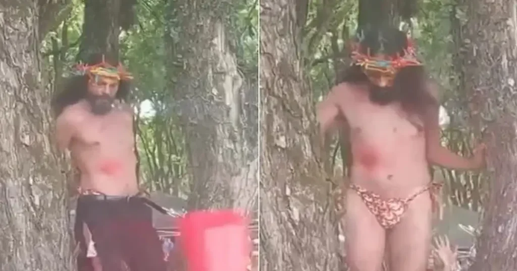 hombre en brasil en carnaval de porto alegre burlandose de jesus como gay