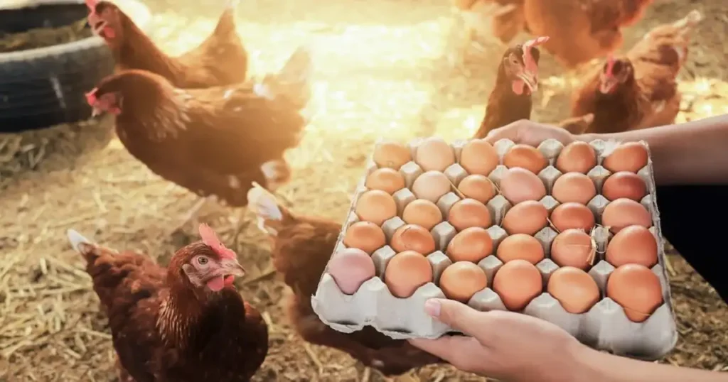 Foto de gallinas y cartón de huevos.