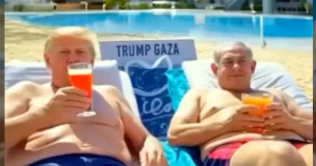 Donald Trump con el primer ministro de Israel Benjamin Netanyahu en un video generado por la inteligencia artificial sobre la vision que tiene Trump sobre Gaza