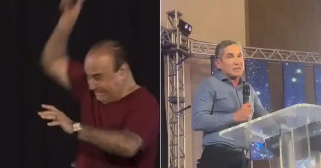 la iglesia cuadrangular esta en crisis, en la foto enojado mario de oliveira presente de la cuadrangular y el otra imagen el pastor que abandonó junto con la iglesia la denominación