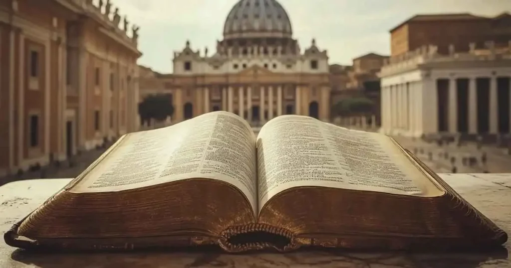 Recreacion de un libro antiguo abierto frente a la Basilica de San Pedro del Vaticano 1