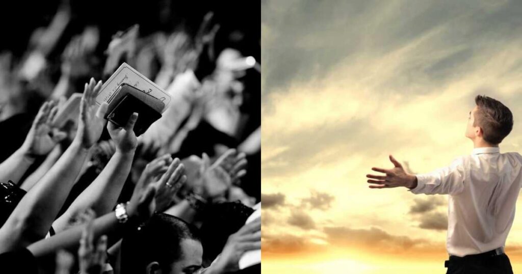 Foto de personas cristianas con las manos levantadas, y foto de persona con los brazos extendidos hacia el cielo.