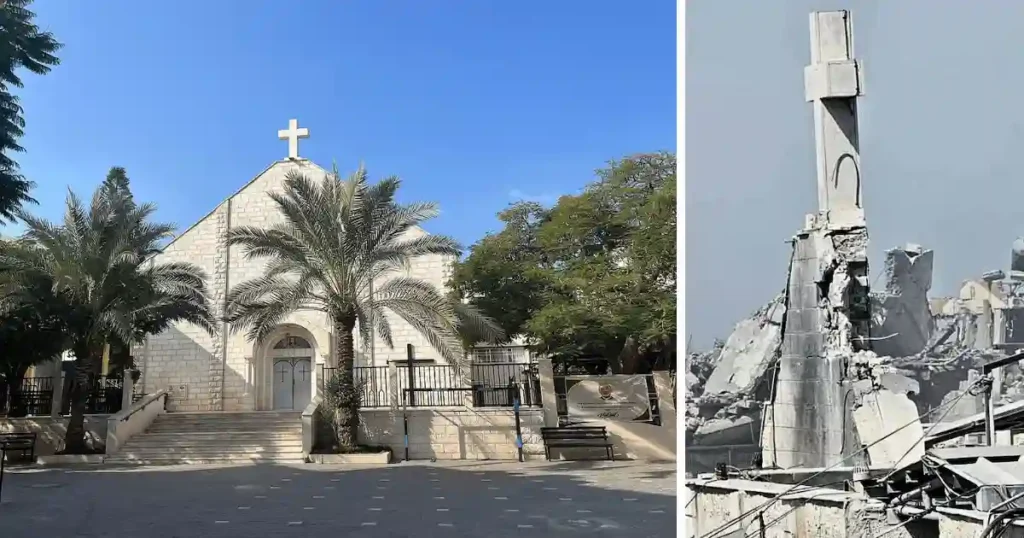 Fachada de lo era la iglesica católica en Gaza después de un ataque directo de Israel esta iglesia tenía unos 600 refugiados