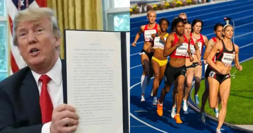 Foto de Trump sosteniendo un documento y foto de atletas