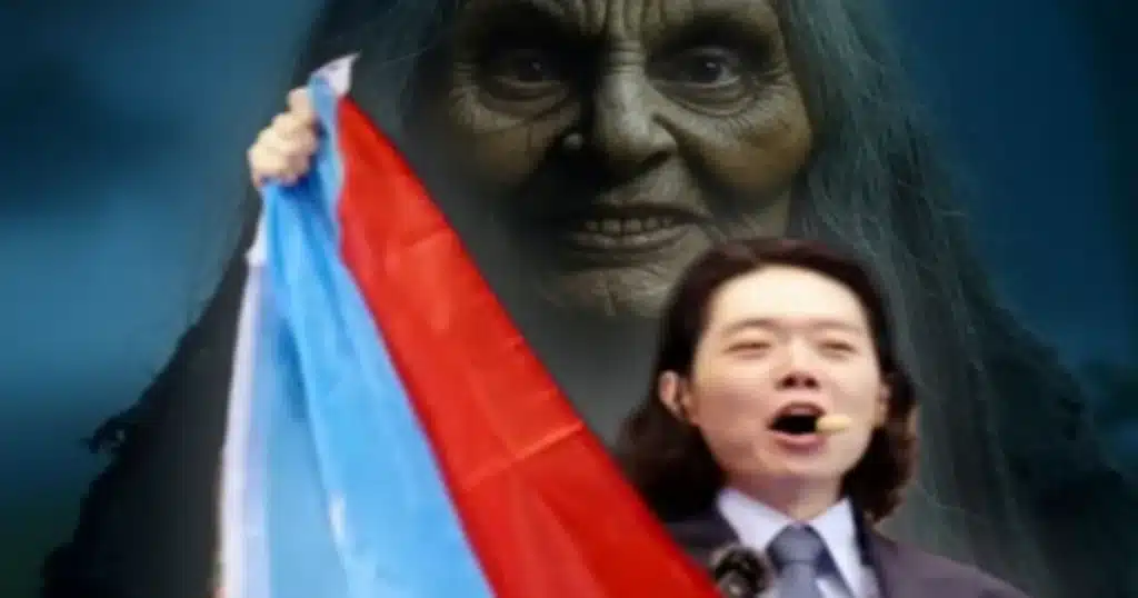 Foto del predicador Hyeok Park con una bruja de fondo