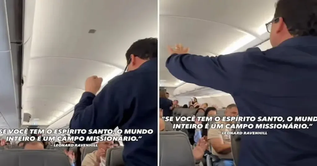 El pastor y misionero Clebison Bandeira se puso de pie en el pasillo del avión para predicar y orar por todos los presentes.