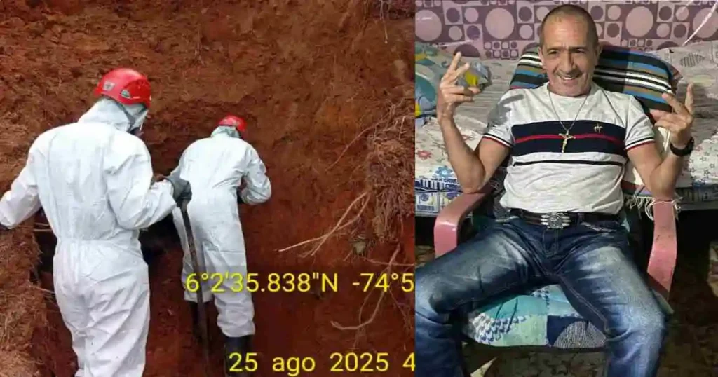 Foto de hombre sentado en una silla y foto de personas buscando dentro de la tierra