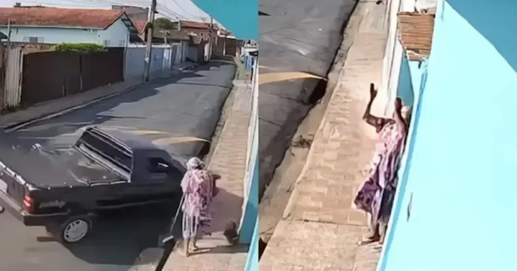Una anciana de la ciudad de Pouso Alegre, en el sur de Minas Gerais, escapó milagrosamente de ser atropellada por una camioneta mientras barría la acera de su casa,