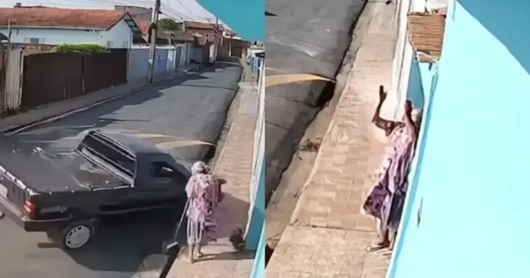 Una anciana de la ciudad de Pouso Alegre, en el sur de Minas Gerais, escapó milagrosamente de ser atropellada por una camioneta mientras barría la acera de su casa,