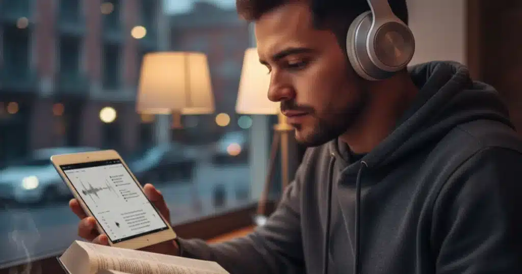 Joven escuchando música cristiana y comprobando la letra con la Biblia