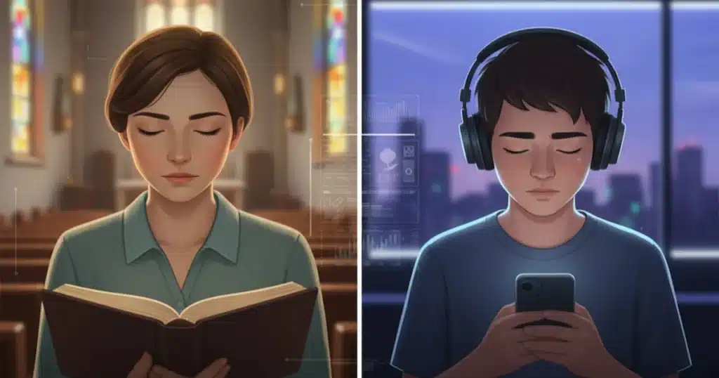 persona-orando-con-un-himnario-tradicional-y-al-otro-una-persona-con-auriculares-escuchando-musica cristiana