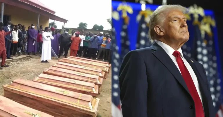 Foto de nigerianos junto a ataúdes, y foto de Donald Trump