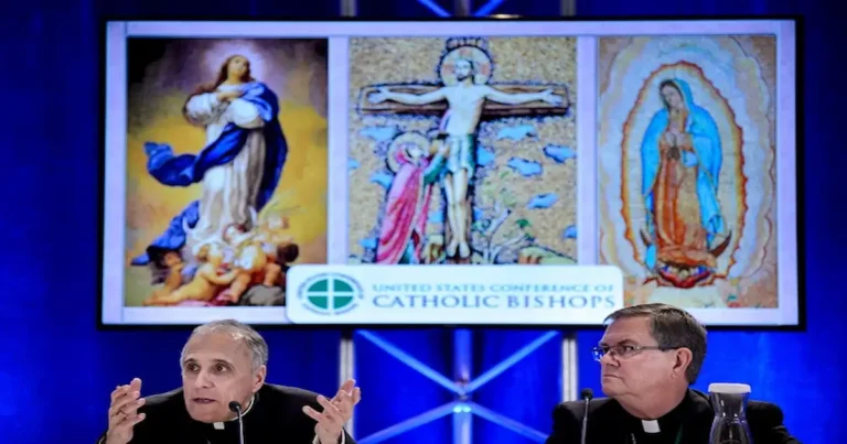 El obispo de Indiana, Timothy Doherty, presidente del comité para la Protección de Niños y Jóvenes, escucha mientras el cardenal de Galveston-Houston, Daniel DiNardo, presidente de la Asamblea General de la Conferencia de Obispos Católicos de los Estados Unidos (USCCB), habla durante una conferencia de prensa en la Conferencia Anual de Obispos Católicos de los Estados Unidos