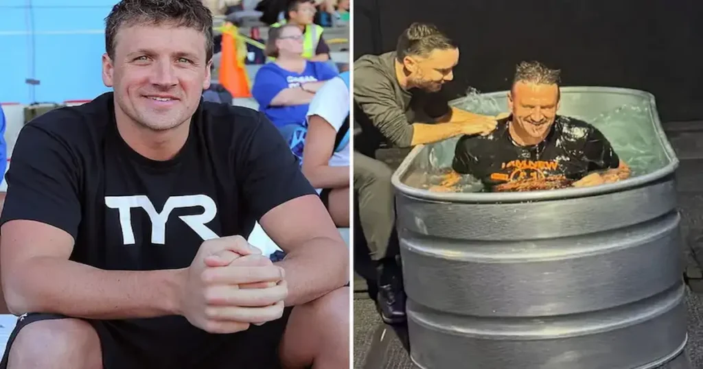 O nadador olímpico, Ryan Lochte, durante sua carreira como nadador e no momento de seu batismo