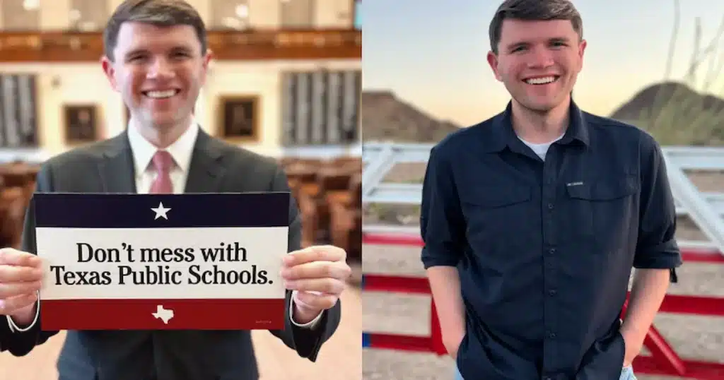 (I) James Talarico el demócrata cristiano sosteniendo un cartel que dice "No se metan con las escuelas públicas de Texas", (D) James Talarico