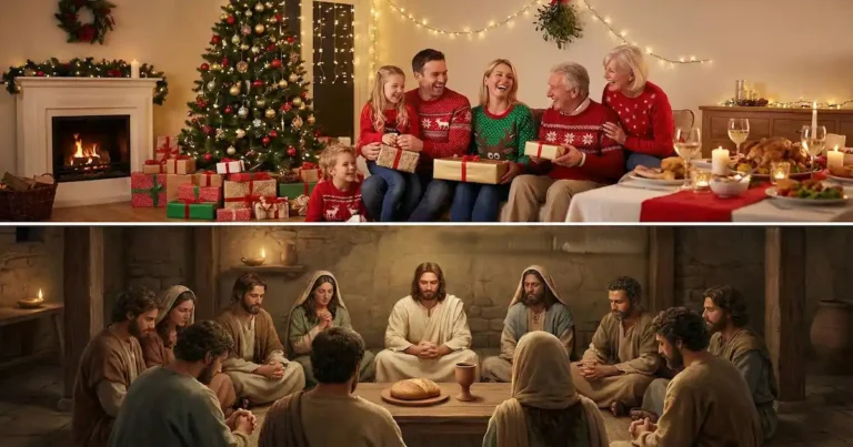 personas celebrando Navidad en la era moderna y Jesús con sus discípulos celebrando la Pascua en el primer siglo