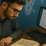 un traductor hace revisando manuscritos originales de la biblia y con ayuda de la IA hace una traducción