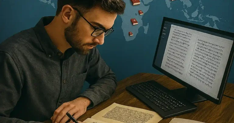 un traductor hace revisando manuscritos originales de la biblia y con ayuda de la IA hace una traducción