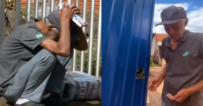 Foto de anciano recibiendo Biblia y alimentos