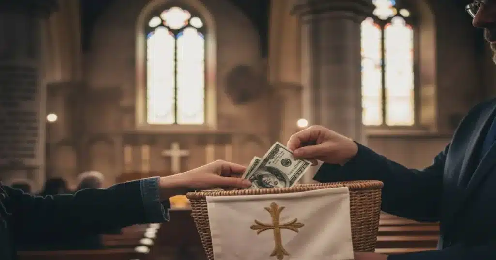 Foto de persona dando donación a la iglesia