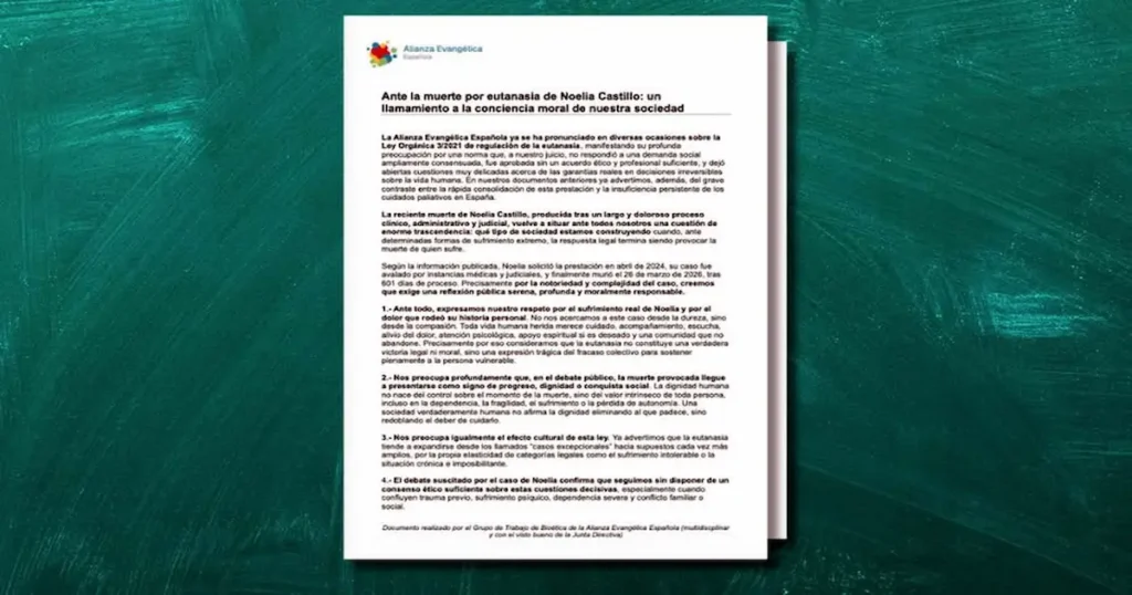 La Alianza Evangélica Española (AEE) ha publicado un comunicado en el que expresa su profunda preocupación tras el caso de Noelia Castillo
